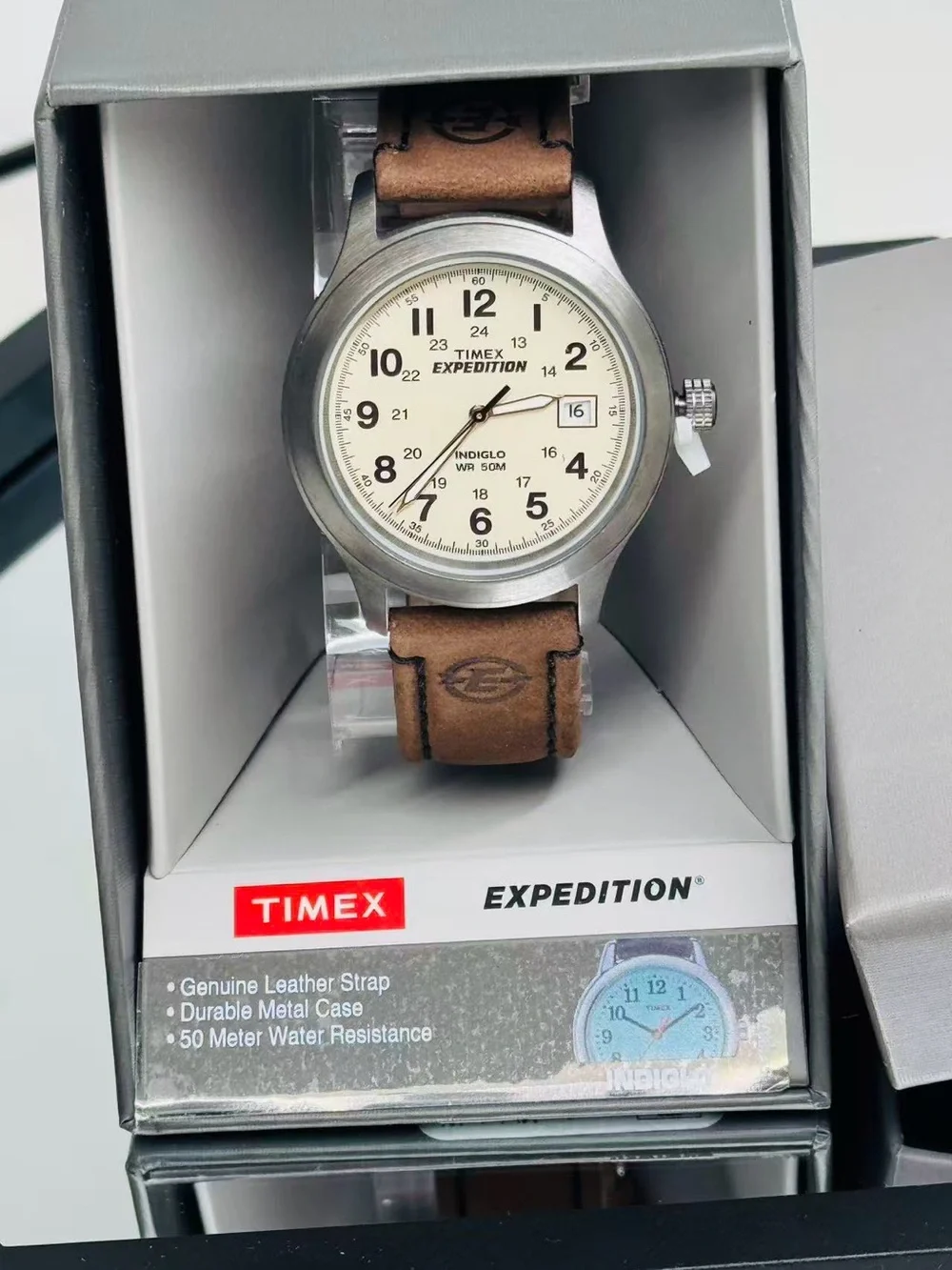 NEW Timex Expedition Indiglo Field Watch 36mm Cream Dial Brown Leather Strap